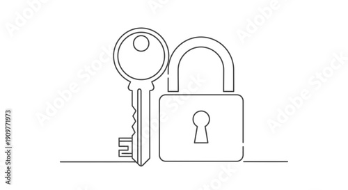 line drawing of a key and an unlocked padlock