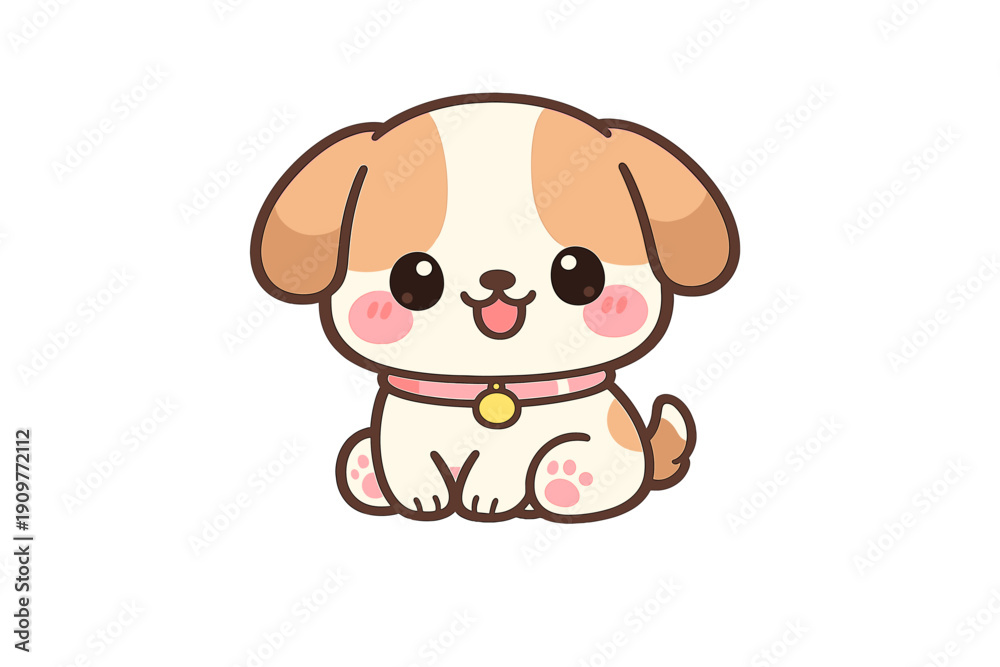 Fototapeta premium A cute cartoon puppy with white and brown fur sits against a black background. The small dog wears a pink collar with a gold bell and has large expressive eyes and a happy expression.