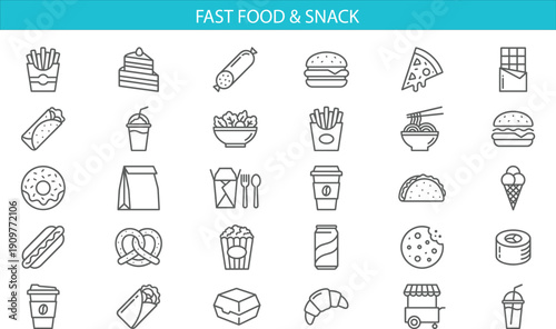 Fast food and snack icon set featuring burgers, pizza, drinks, desserts, and street food items in minimalist outline design style