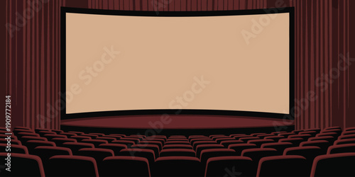 An empty traditional movie cinema with a curved, large, and completely blank projection screen