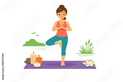 A cartoon woman performs a yoga tree pose on a purple mat with candles and a lotus flower nearby. Stylized green plants and birds create a serene atmosphere for wellness and meditation.