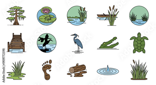 Collection of various swamp and wetland elements including animals, plants, and natural features.