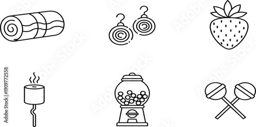 Set of lifestyle and snack line icons featuring a rolled mat, earrings, strawberry, roasted marshmallow, gumball machine, and crossed lollipops.Set of lifestyle and snack 