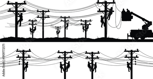 Silhouette of electrical workers repairing power lines on utility poles with bucket truck, electricity maintenance and high voltage service