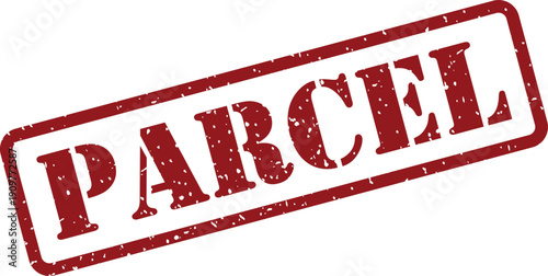 A prominent red textured rubber stamp with the word PARCEL printed clearly on a white isolated background