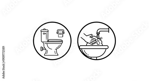 Simple line icons of toilet and sink for bathroom design.