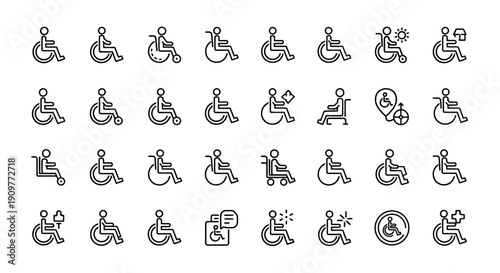 Collection of simple black and white icons depicting people in wheelchairs and related accessibility symbols.