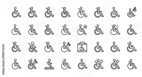 Collection of simple black and white icons depicting people in wheelchairs in various poses and activities.