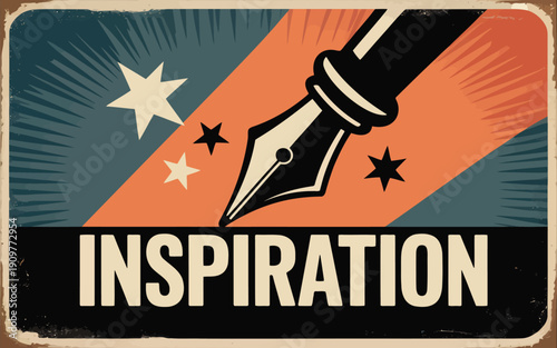 An old fashioned fountain pen with a gleaming nib points diagonally across a starry retro background design