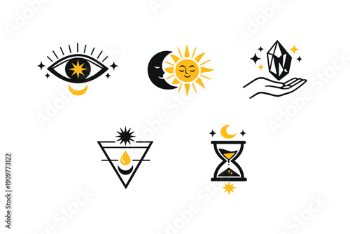 A collection of five mystical icons featuring celestial elements like the sun, moon, stars, an eye, a crystal, and an hourglass, designed in a minimalist black and yellow style.