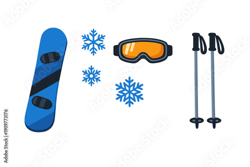 A flat illustration of winter sports equipment including a blue snowboard, orange goggles, and grey ski poles accompanied by blue snowflakes on a solid black background.