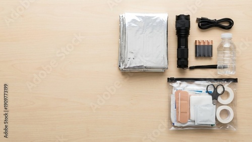Emergency survival kit items on wooden table, organized flat lay for disaster preparedness and camping, calm practical mood for first aid and safety planning