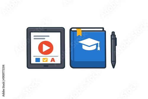 A flat design illustration featuring a digital tablet with a play button, a blue book with a mortarboard symbol, and a pen, symbolizing modern education and online study.