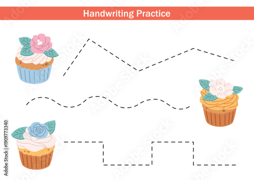 Handwriting practice worksheet with dashed tracing lines and cute cupcakes. Preschool fine motor skills activity sheet for kids, nursery and kindergarten learning exercise.
