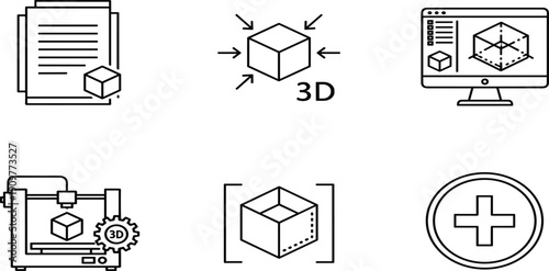 3D Printing and Modeling Line Art Icon Set Featuring Isometric Cube Symbols Desktop Computer Design Software Add Button and 