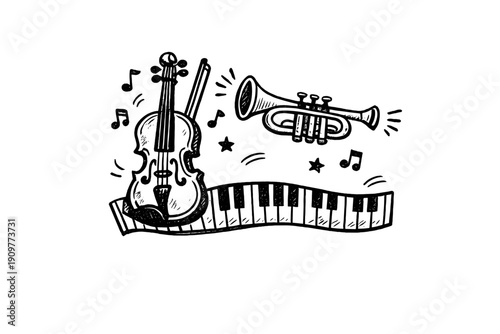 This monochrome sketch depicts a violin, a trumpet, and a section of piano keys surrounded by musical notes. The artwork is set against a solid black background in a vintage style.