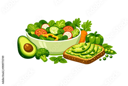 A colorful illustration of healthy food items including a fresh salad bowl, avocado toast, broccoli, a carrot, and a green bell pepper arranged against a solid black background.