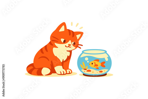 An orange striped cat sits next to a round glass fishbowl, looking intently at a small goldfish swimming inside. This cartoon illustration is set against a solid black background.