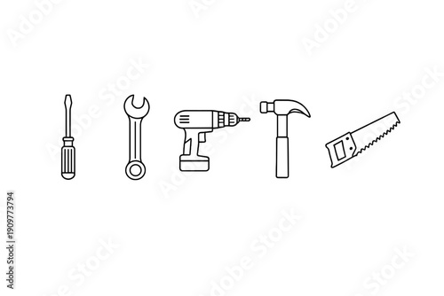 A collection of five white line-art icons representing common hand tools, including a screwdriver, wrench, power drill, hammer, and hand saw, displayed on a solid black background.