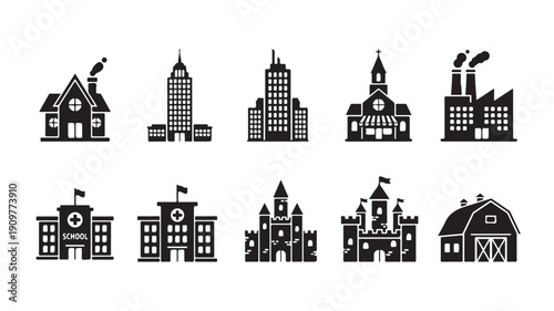 Collection of various black silhouettes of industrial and architectural buildings displayed in a grid layout from different viewpoints