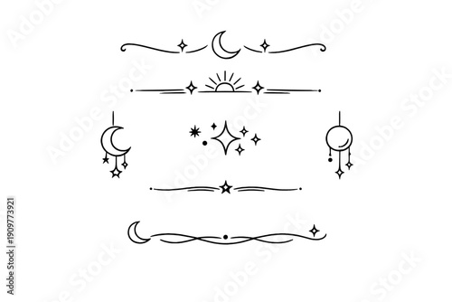 A collection of celestial decorative dividers and elements featuring crescent moons, stars, and sun motifs in a minimalist white line art style on a black background.