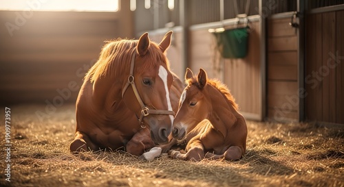 Heartwarming mother's day moment horse and foal cuddle in stable