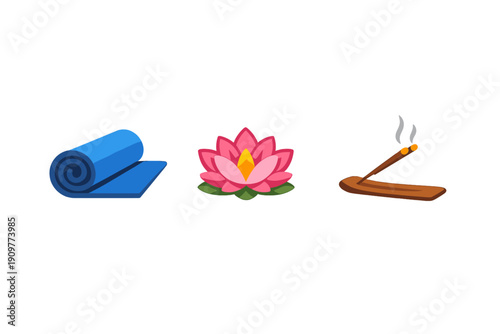 This illustration features a blue rolled yoga mat, a pink lotus flower, and burning incense sticks on a wooden holder, all set against a plain black background for a clean look.