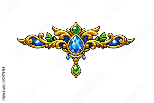 This symmetrical golden jewelry piece features a central blue teardrop gemstone surrounded by intricate filigree, green accents, and smaller blue jewels against a black background.