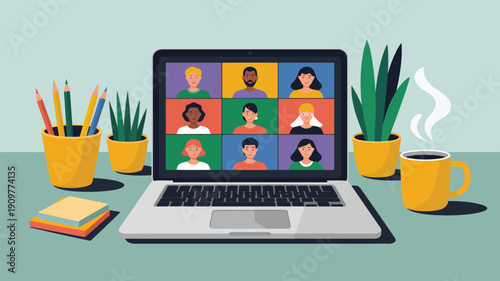 Diverse individuals engage in a virtual video meeting on a laptop with office supplies nearby