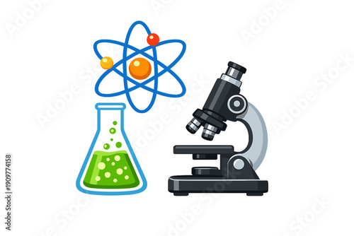 A flat vector illustration featuring scientific equipment including a microscope, a conical flask filled with bubbling green liquid, and a blue atom model on a black background.