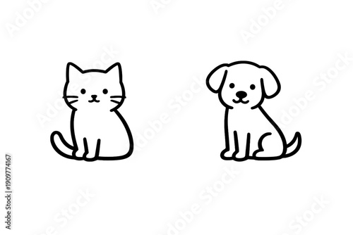 Minimalist line art illustration featuring a cute cat and a small dog sitting side by side. The simple white outlines are set against a solid black background for a clean look.