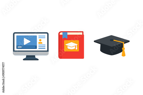 Three flat icons representing education and online learning, including a computer monitor with a video player, a red textbook with a bookmark, and a black graduation cap with a tassel.