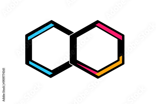 Two minimalist hexagonal shapes are displayed against a solid black background, featuring colorful glowing segments in shades of light blue, pink, and orange on their edges.