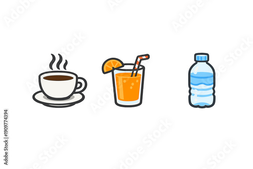 Three cartoon beverage icons including a steaming cup of coffee, a glass of orange juice with a straw and fruit slice, and a plastic water bottle isolated on a black background.