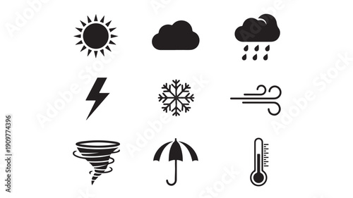 A collection of weather icons representing various conditions, including sun, clouds, rain, and more, displayed on a clean and simple background from a straightforward viewpoint.