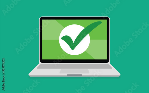 Flat design laptop showcases a prominent green checkmark within a white circle on its geometric green screen