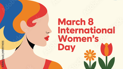 Festive illustration for International Womens Day showcasing a profile of a woman with flowing colorful hair