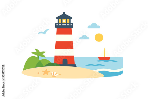 A flat vector illustration of a red and white striped lighthouse on a sandy beach with a sailboat on the sea, a starfish, a seashell, green hills, a sun, and clouds under a clear sky.