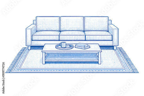 A blue blueprint style illustration of a living room featuring a three-seater sofa, a wooden coffee table with books and a mug, and a large area rug on a grid background.