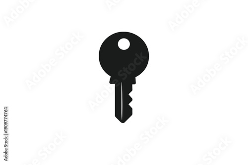 A dark silhouette of a single key is centered against a solid black background. The key features a circular head with a small hole and a jagged blade for a lock mechanism.
