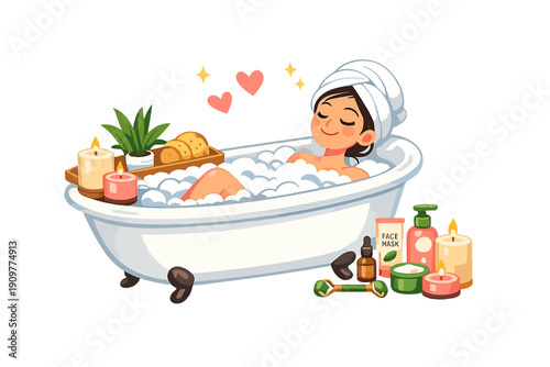 A cartoon illustration of a woman relaxing in a bubble bath with a towel on her head. The scene includes lit candles, skincare products, and a wooden tray with a plant and snacks.