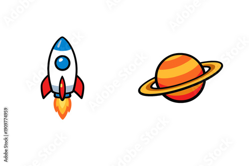 A cartoon illustration of a white rocket ship with red fins and a blue window launching into space next to an orange ringed planet against a solid black background.