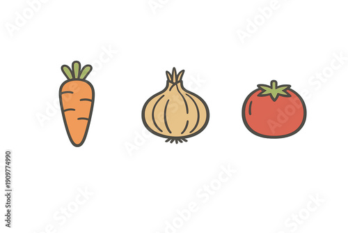 A minimalist flat illustration featuring three stylized vegetable icons: an orange carrot, a beige onion, and a red tomato, all arranged horizontally on a solid black background.