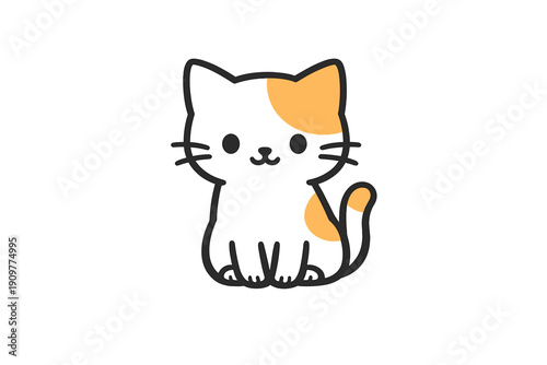 A cute cartoon illustration of a black cat with orange patches sitting down. The minimalist design features simple lines, round eyes, and whiskers against a solid black background.