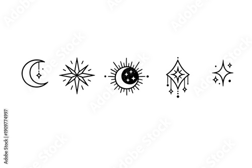 A collection of five minimalist white celestial line art icons featuring a crescent moon, sun, and stars displayed in a horizontal row on a solid black background.