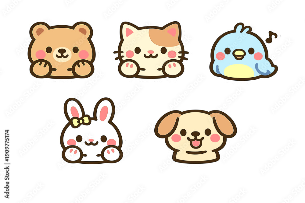 Naklejka premium A collection of five cute cartoon animal stickers featuring a bear, cat, bird, rabbit, and dog. Each character has a kawaii style with pink cheeks and thick outlines on a black background.