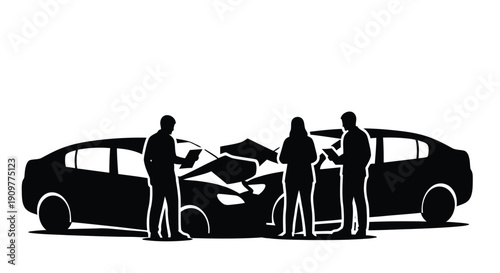 Black silhouette of a car crash with people standing nearby on a white background