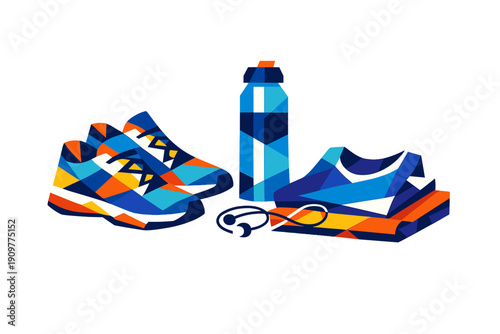 A geometric vector illustration of sports equipment including running shoes, a water bottle, folded athletic wear, and earphones, all rendered in a vibrant blue and orange color palette.