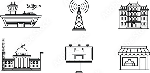 Set of Urban City Architecture Icons Including Airport Terminal, Radio Tower, Government Building, Retail Store, Billboard and Classic Hotel Mansion Facade 