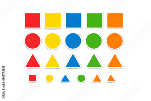 A collection of colorful geometric shapes including squares, circles, and triangles in red, yellow, blue, green, and orange, arranged in rows against a solid black background.